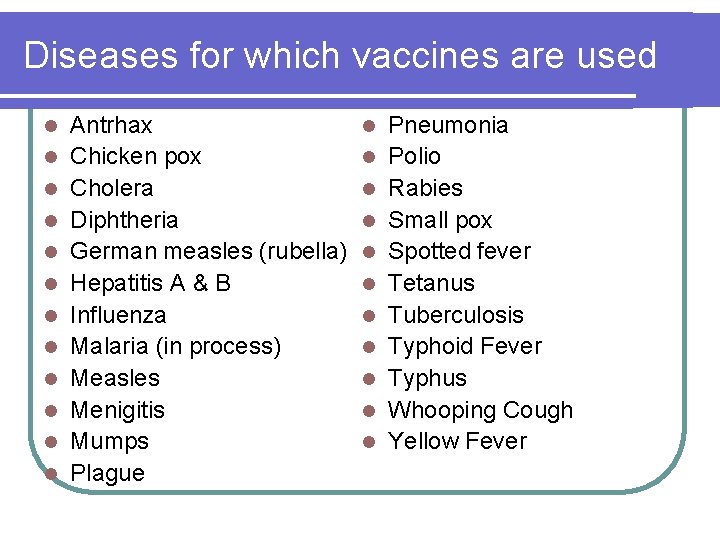 Diseases for which vaccines are used l l l Antrhax Chicken pox Cholera Diphtheria