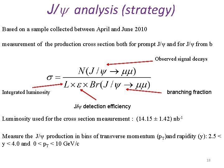 J/ analysis (strategy) Based on a sample collected between April and June 2010 measurement