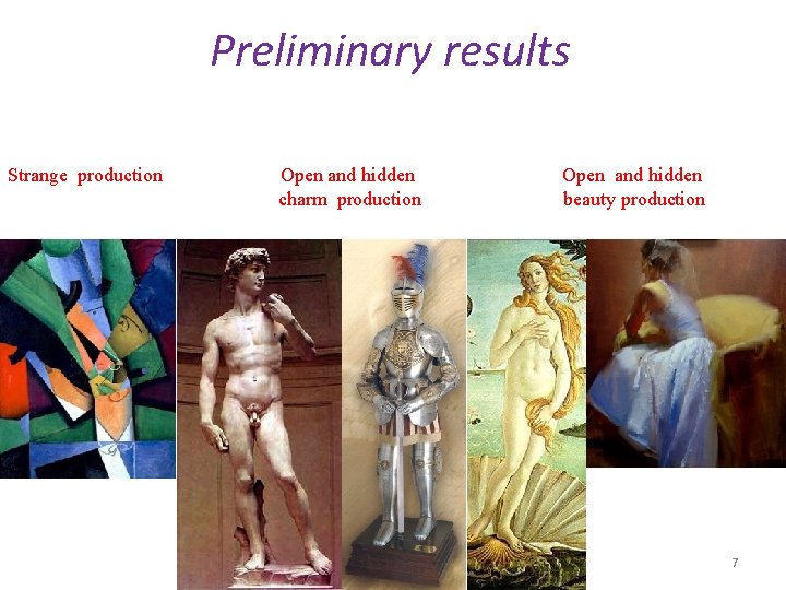 Preliminary results Strange production Open and hidden charm production Open and hidden beauty production