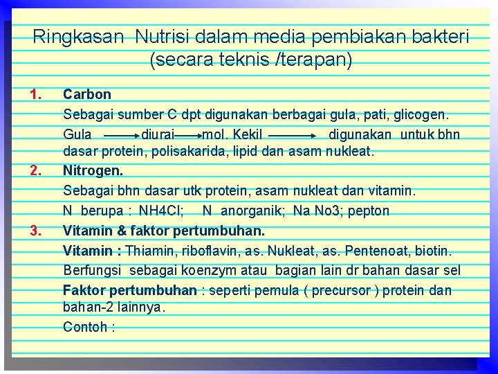 Ringkasan Nutrisi dalam media pembiakan bakteri (secara teknis /terapan) 1. 2. 3. Carbon Sebagai
