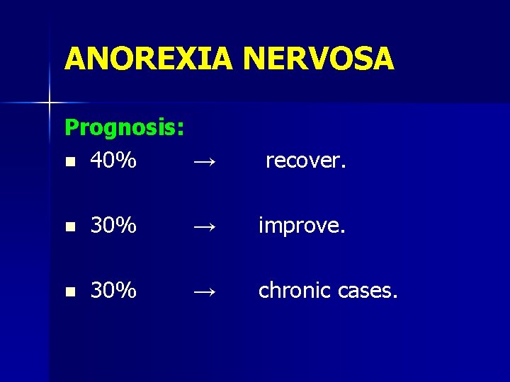 ANOREXIA NERVOSA Prognosis: n 40% → recover. n 30% → improve. n 30% →