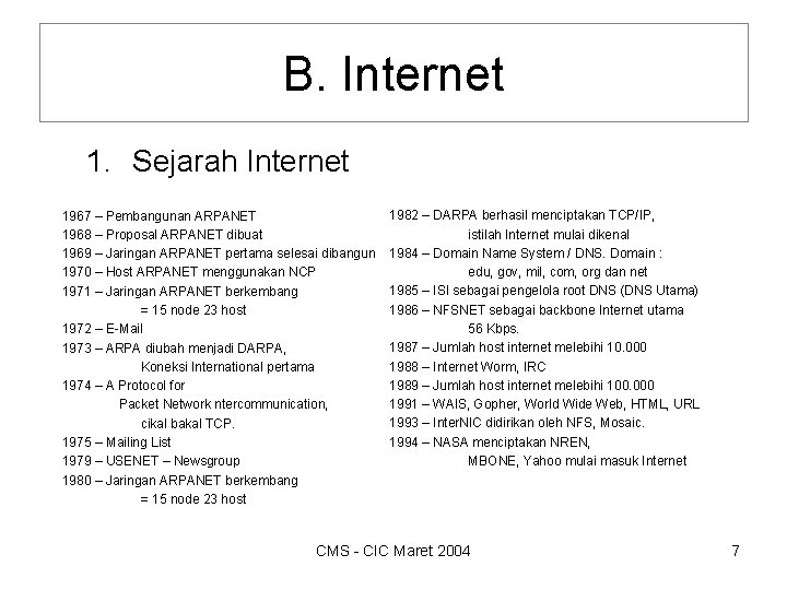 B. Internet 1. Sejarah Internet 1967 – Pembangunan ARPANET 1968 – Proposal ARPANET dibuat