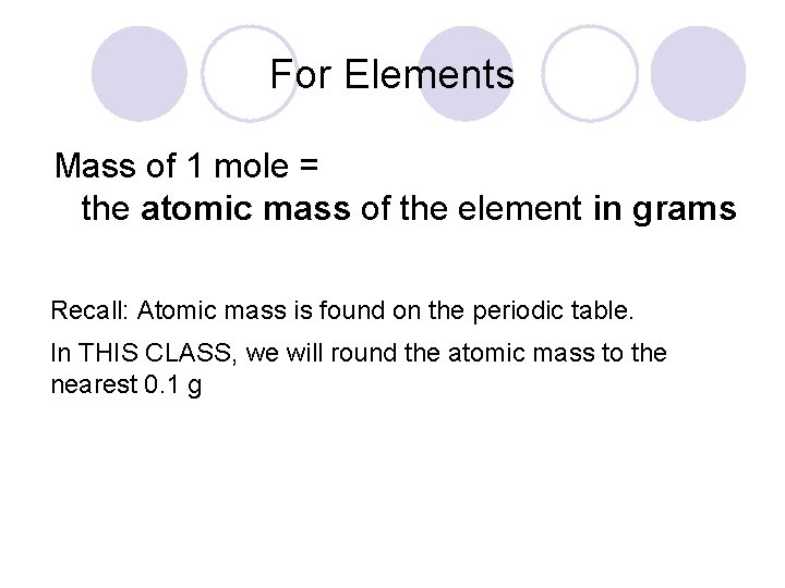 For Elements Mass of 1 mole = the atomic mass of the element in