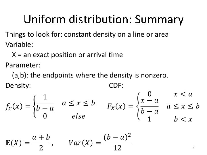 Uniform distribution: Summary • 4 