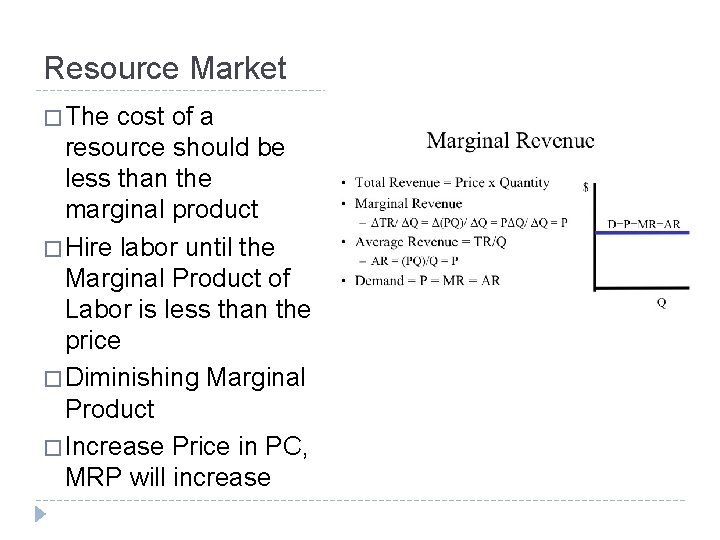 Resource Market � The cost of a resource should be less than the marginal