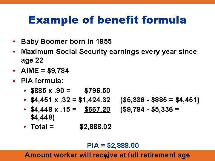 Example of benefit formula • Baby Boomer born in 1955 • Maximum Social Security
