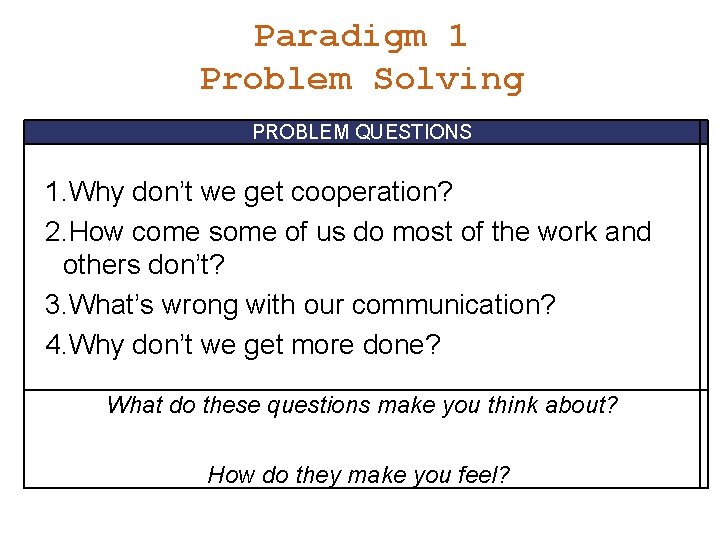 Paradigm 1 Problem Solving PROBLEM QUESTIONS 1. Why don’t we get cooperation? 2. How