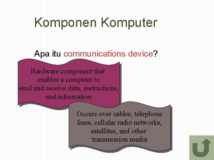 Komponen Komputer Apa itu communications device? Hardware component that enables a computer to send