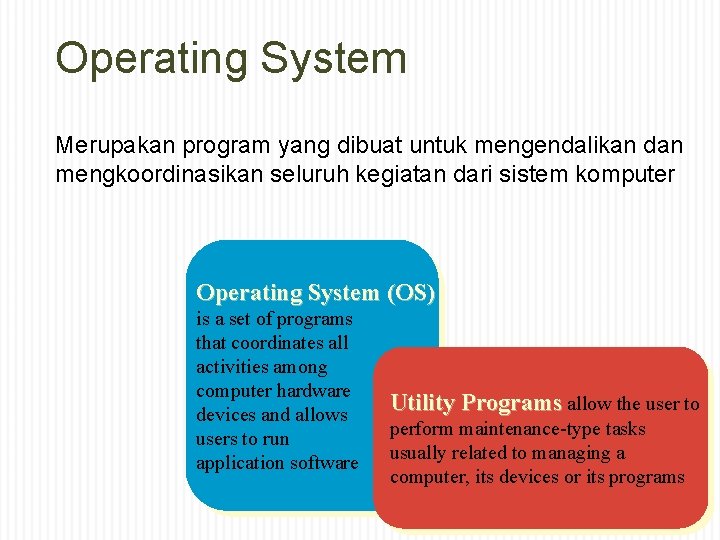 Operating System Merupakan program yang dibuat untuk mengendalikan dan mengkoordinasikan seluruh kegiatan dari sistem