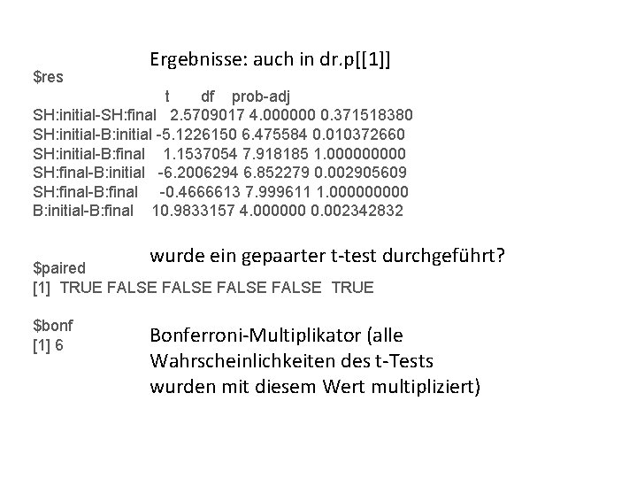 $res Ergebnisse: auch in dr. p[[1]] t df prob-adj SH: initial-SH: final 2. 5709017