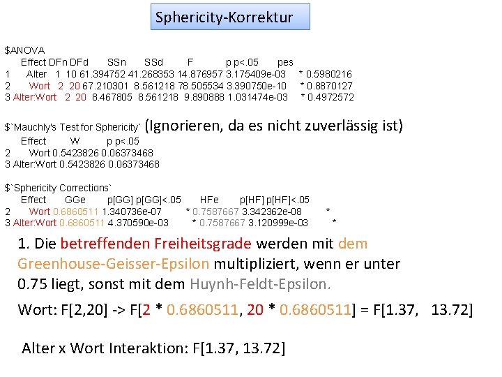 Sphericity-Korrektur $ANOVA Effect DFn DFd SSn SSd F p p<. 05 pes 1 Alter