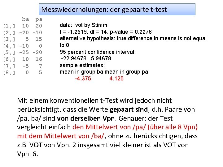 Messwiederholungen: der gepaarte t-test [1, ] [2, ] [3, ] [4, ] [5, ]