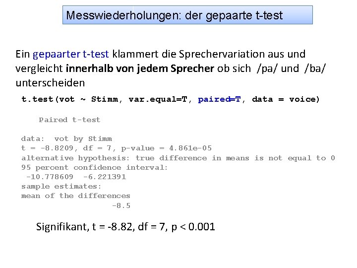 Messwiederholungen: der gepaarte t-test Ein gepaarter t-test klammert die Sprechervariation aus und vergleicht innerhalb