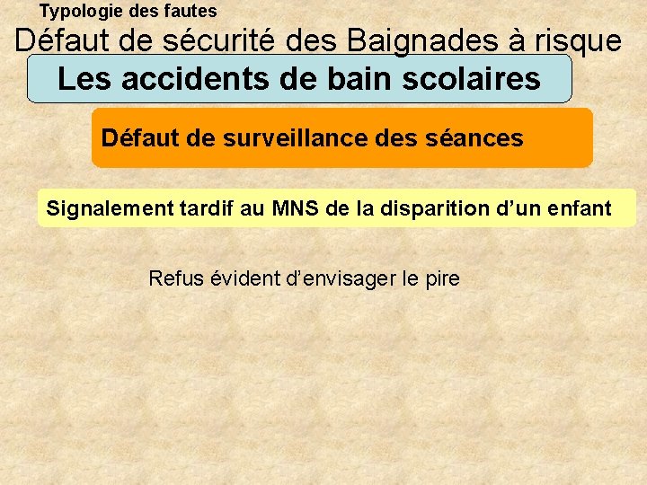 Typologie des fautes Défaut de sécurité des Baignades à risque Les accidents de bain