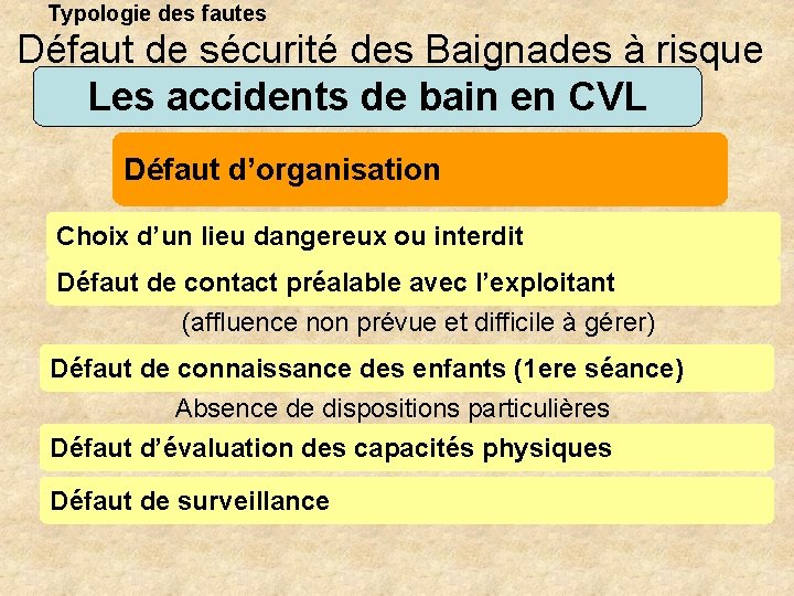 Typologie des fautes Défaut de sécurité des Baignades à risque Les accidents de bain