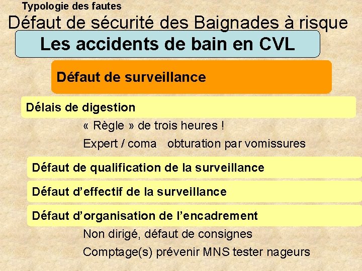 Typologie des fautes Défaut de sécurité des Baignades à risque Les accidents de bain