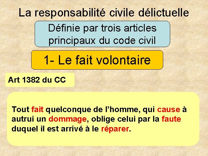 La responsabilité civile délictuelle Définie par trois articles principaux du code civil 1 -