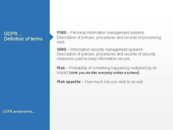 GDPR… Definition of terms PIMS – Personal information management systems Description of policies, procedures GDPR… Definition of terms PIMS – Personal information management systems Description of policies, procedures