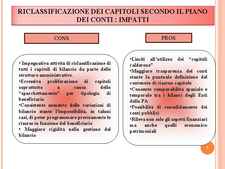 RICLASSIFICAZIONE DEI CAPITOLI SECONDO IL PIANO DEI CONTI : IMPATTI CONS • Impegnativa attività