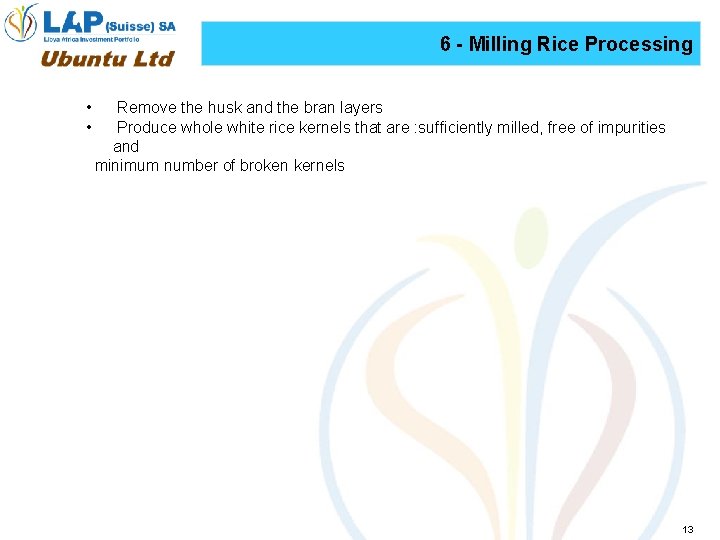 6 - Milling Rice Processing • • Remove the husk and the bran layers