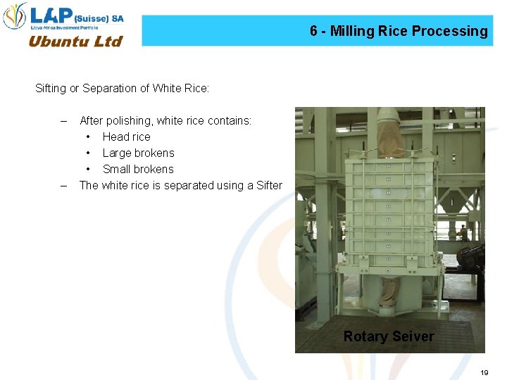 6 - Milling Rice Processing Sifting or Separation of White Rice: – – After
