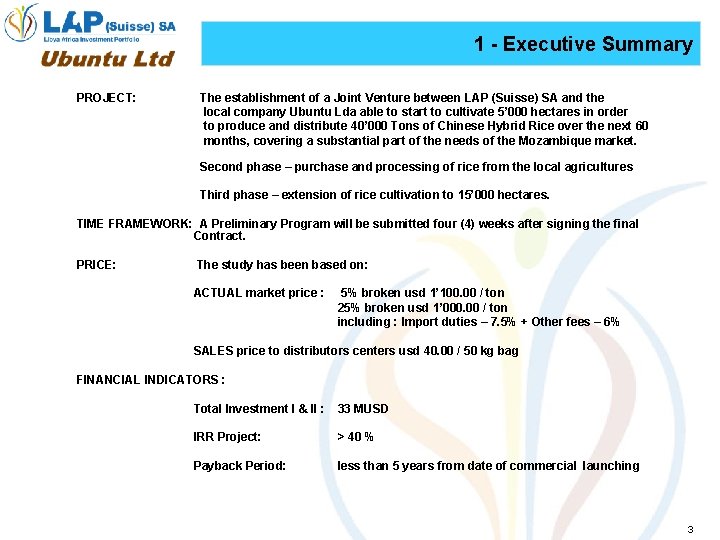 1 - Executive Summary PROJECT: The establishment of a Joint Venture between LAP (Suisse)