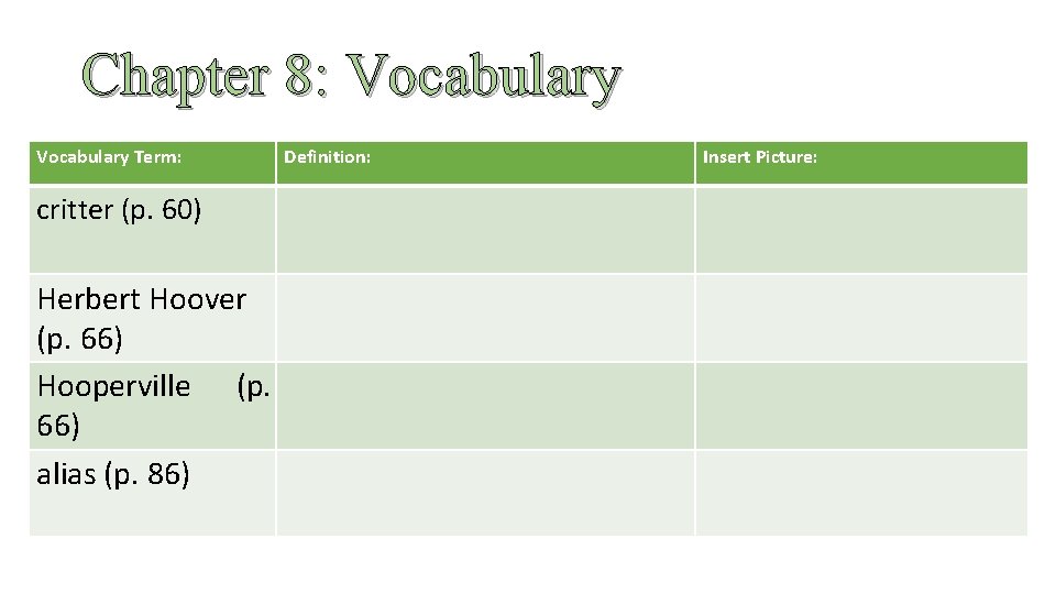 Chapter 8: Vocabulary Term: critter (p. 60) Herbert Hoover (p. 66) Hooperville (p. 66)