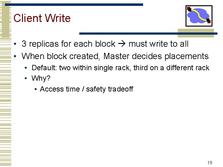 Client Write • 3 replicas for each block must write to all • When