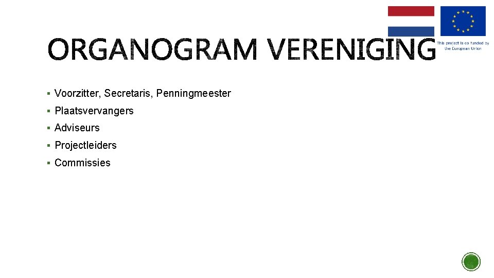 § Voorzitter, Secretaris, Penningmeester § Plaatsvervangers § Adviseurs § Projectleiders § Commissies 