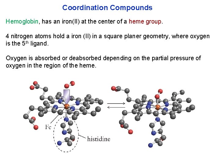 Coordination Compounds Hemoglobin, has an iron(II) at the center of a heme group. 4