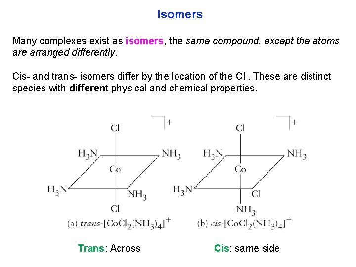 Isomers Many complexes exist as isomers, the same compound, except the atoms are arranged