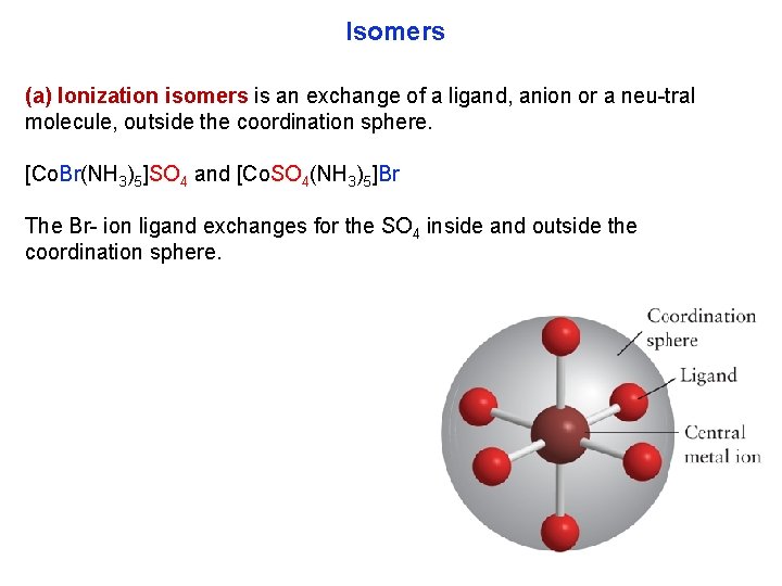 Isomers (a) Ionization isomers is an exchange of a ligand, anion or a neu