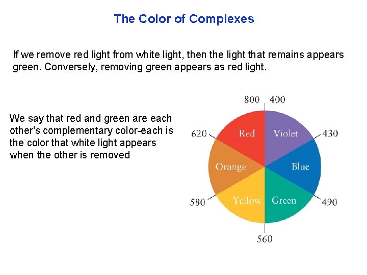 The Color of Complexes If we remove red light from white light, then the