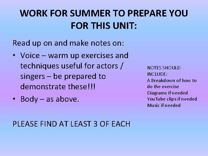 WORK FOR SUMMER TO PREPARE YOU FOR THIS UNIT: Read up on and make