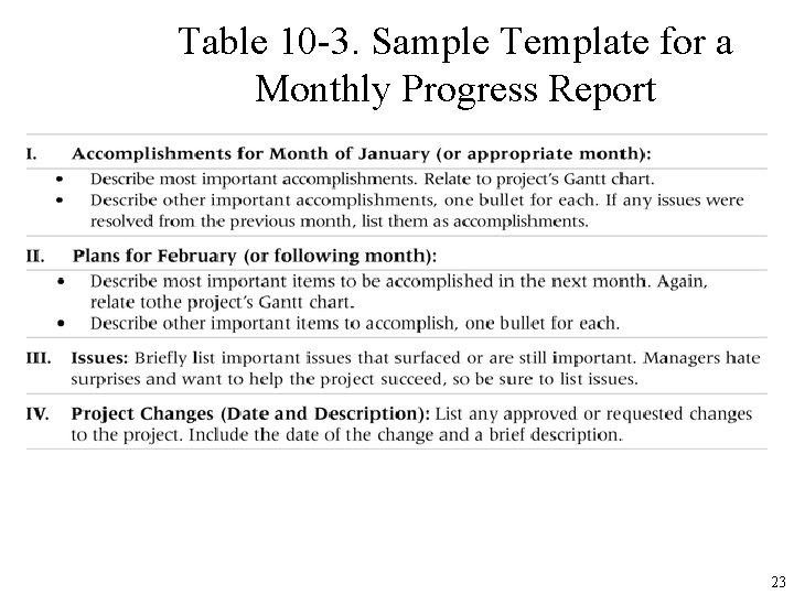 Table 10 -3. Sample Template for a Monthly Progress Report 23 