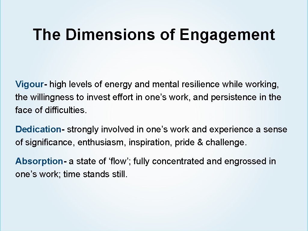 The Dimensions of Engagement Vigour- high levels of energy and mental resilience while working,
