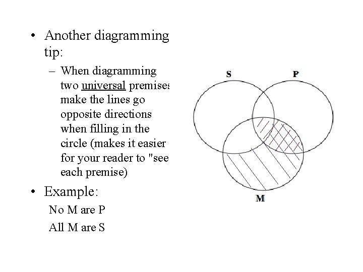  • Another diagramming tip: – When diagramming two universal premises, make the lines