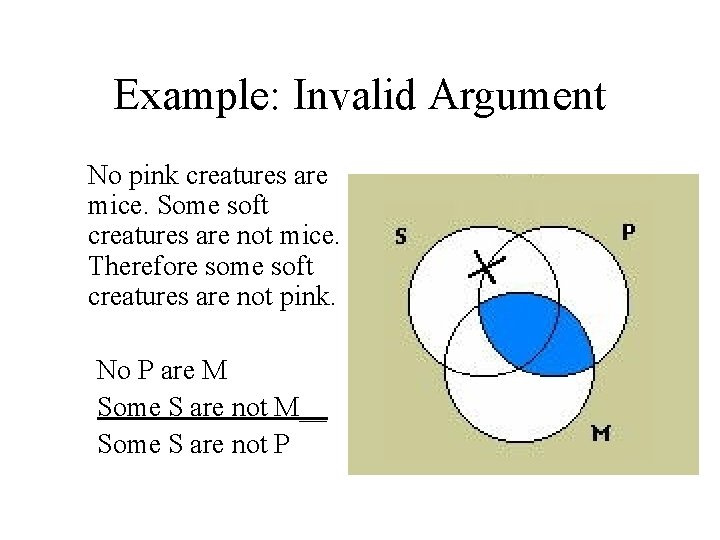 Example: Invalid Argument No pink creatures are mice. Some soft creatures are not mice.