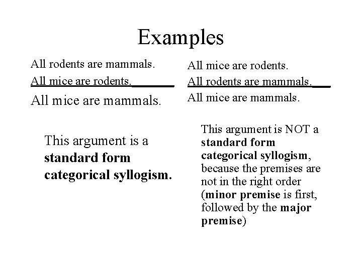 Examples All rodents are mammals. All mice are rodents. _______ All mice are mammals.