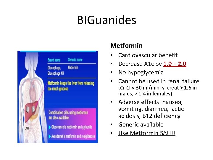 BIGuanides Metformin • • Cardiovascular benefit Decrease A 1 c by 1. 0 –