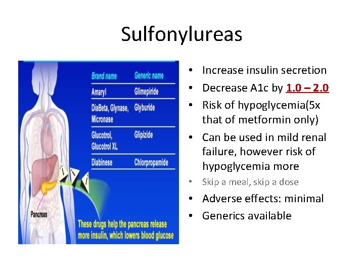 Sulfonylureas • Increase insulin secretion • Decrease A 1 c by 1. 0 –