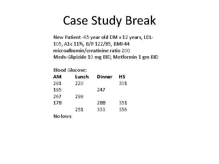 Case Study Break New Patient -65 year old DM x 12 years, LDL 105,