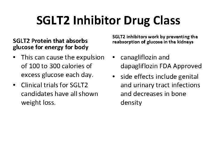 SGLT 2 Inhibitor Drug Class SGLT 2 Protein that absorbs glucose for energy for