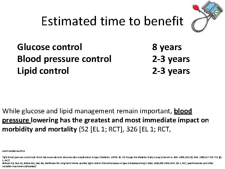 Estimated time to benefit Glucose control Blood pressure control Lipid control 8 years 2