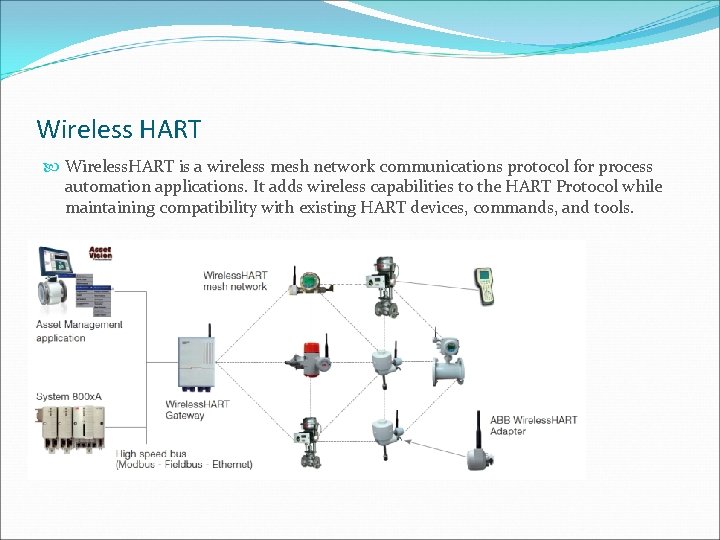 Wireless HART Wireless. HART is a wireless mesh network communications protocol for process automation