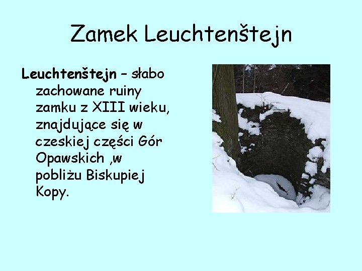 Zamek Leuchtenštejn – słabo zachowane ruiny zamku z XIII wieku, znajdujące się w czeskiej