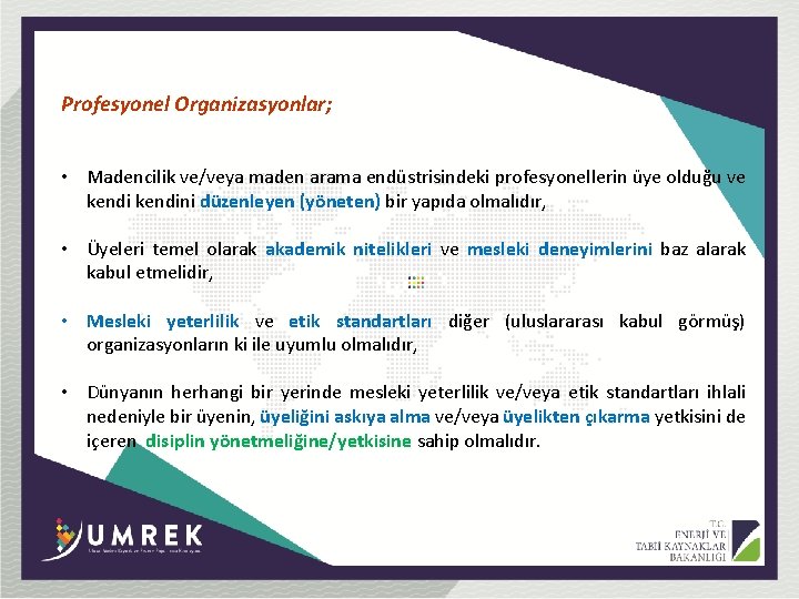 Profesyonel Organizasyonlar; • Madencilik ve/veya maden arama endüstrisindeki profesyonellerin üye olduğu ve kendini düzenleyen
