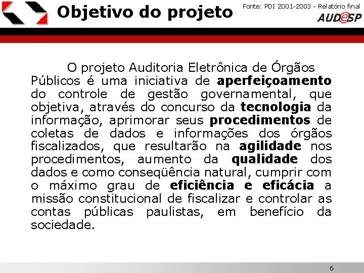 Objetivo do projeto Fonte: PDI 2001 -2003 - Relatório final X O projeto Auditoria