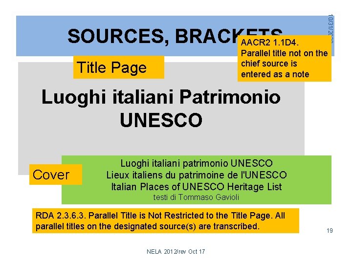 10/31/2020 SOURCES, BRACKETS AACR 2 1. 1 D 4. Parallel title not on the