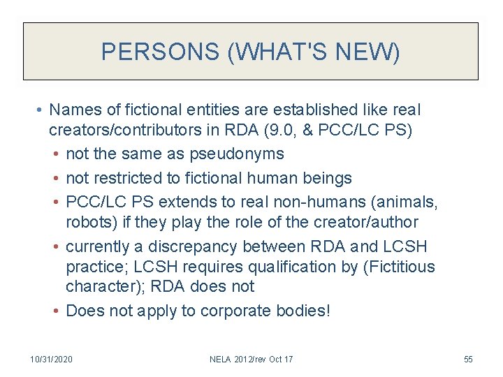 PERSONS (WHAT'S NEW) • Names of fictional entities are established like real creators/contributors in